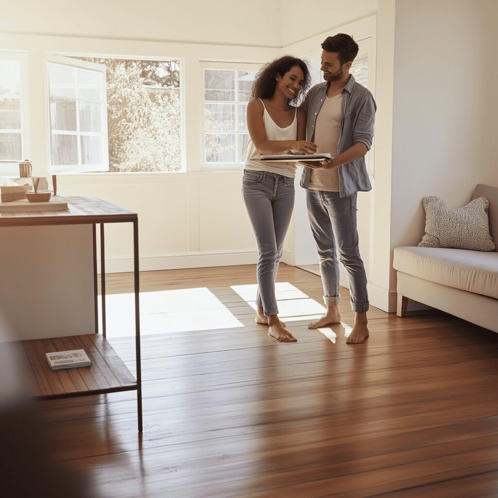 Happy couple reviewing a project estimate