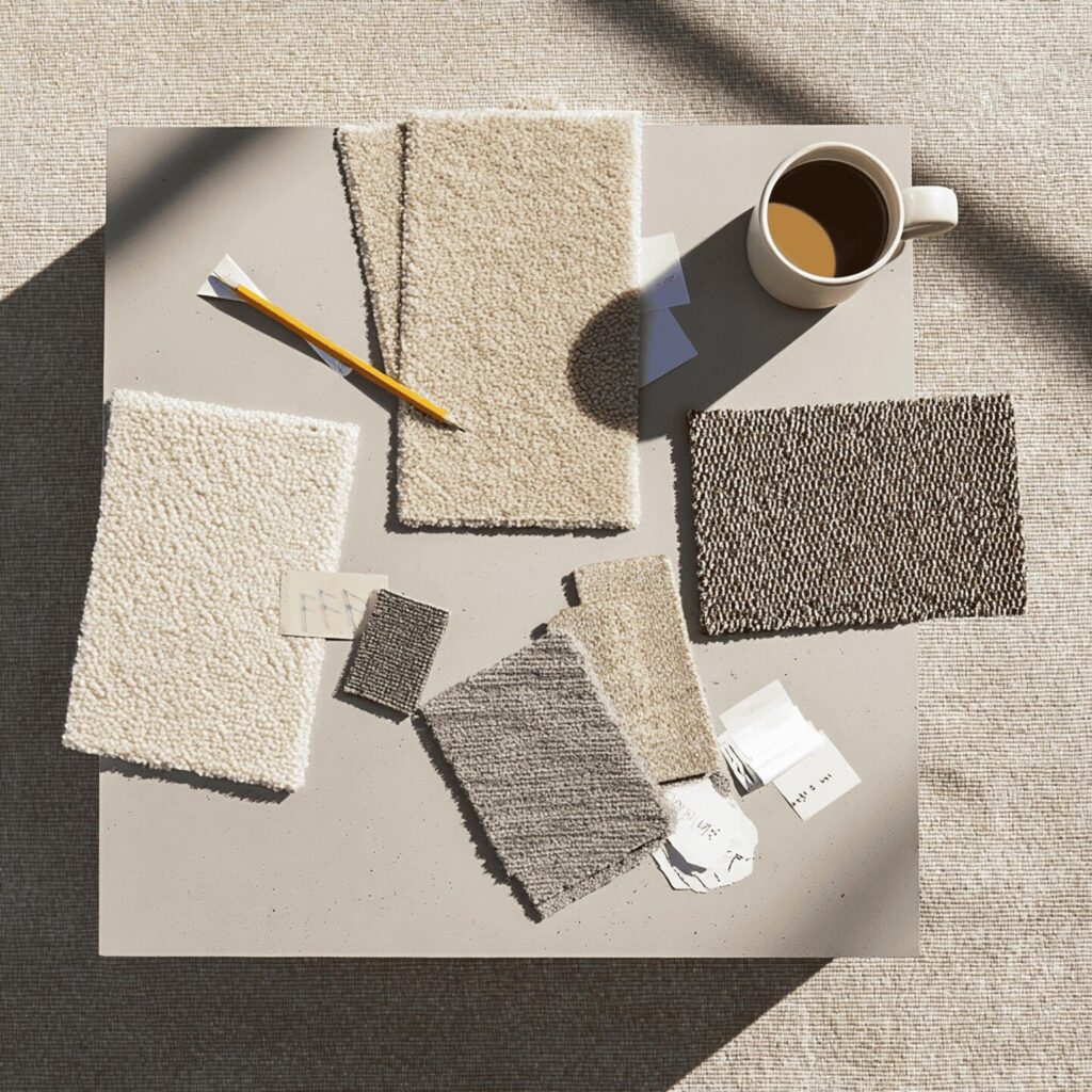 Carpet samples spread on a table besides a cup of coffee