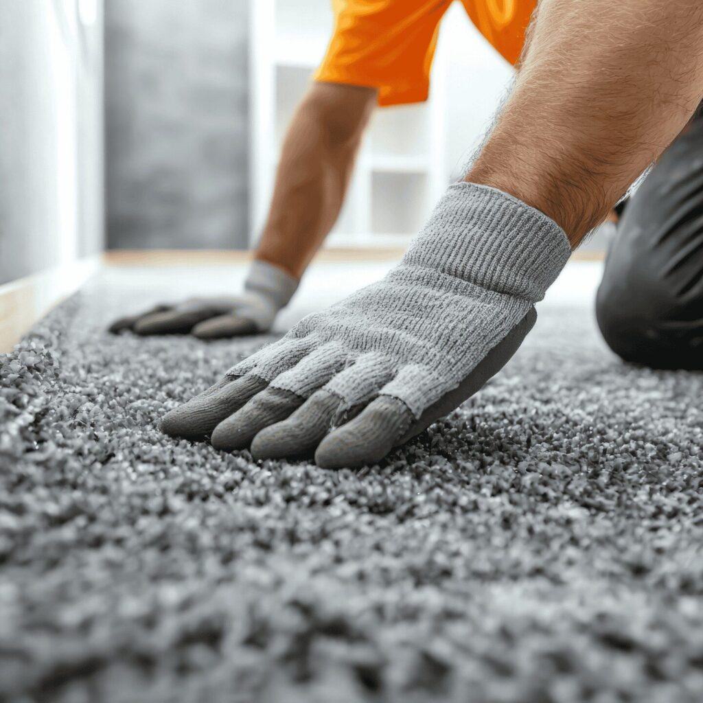 Flooring professional installing carpet