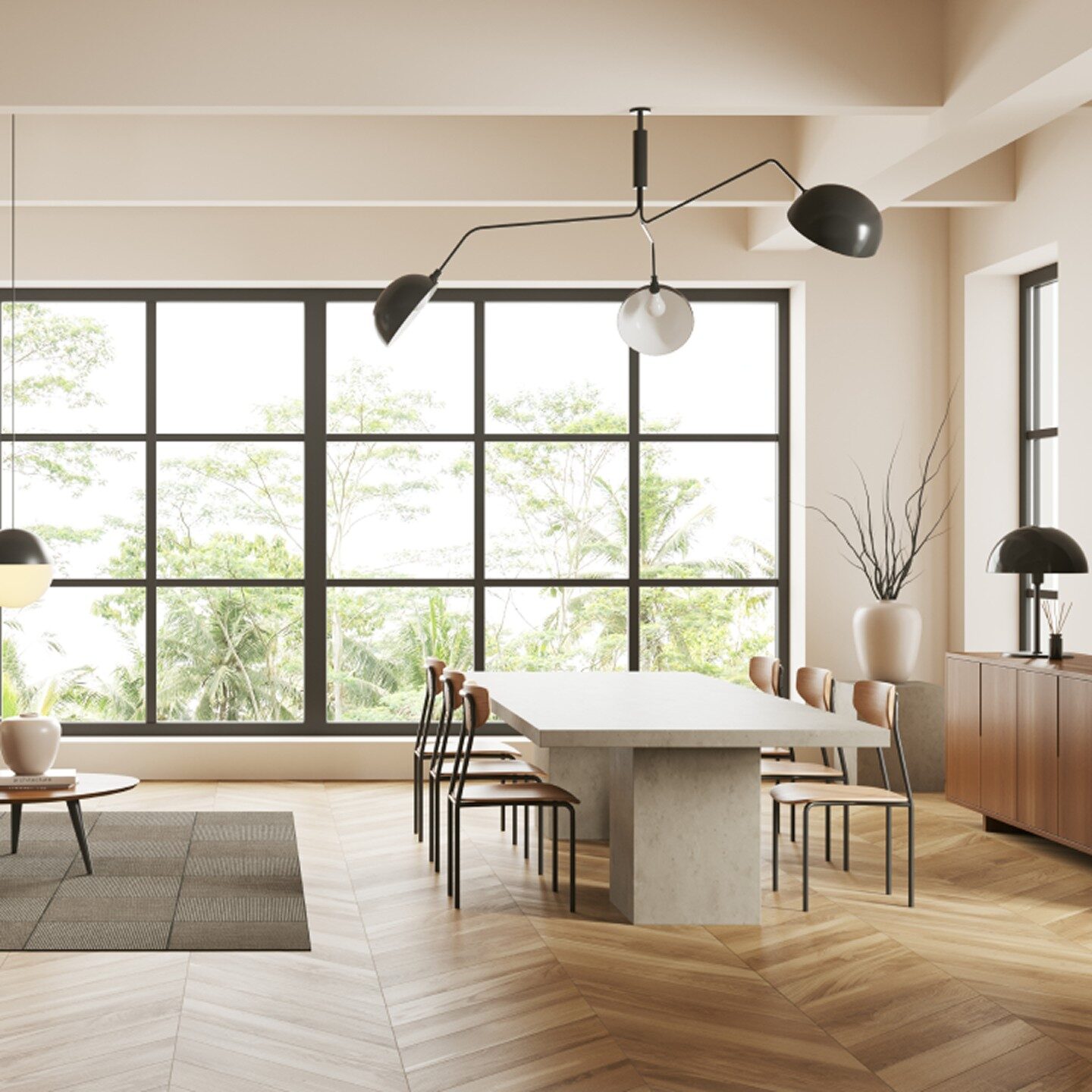 Herringbone patterned hardwood in modern living room