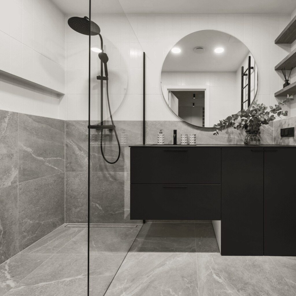 Modern bathroom with tiled walls and floors