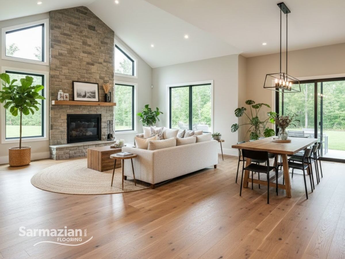 living room with warm toned hardwood flooring