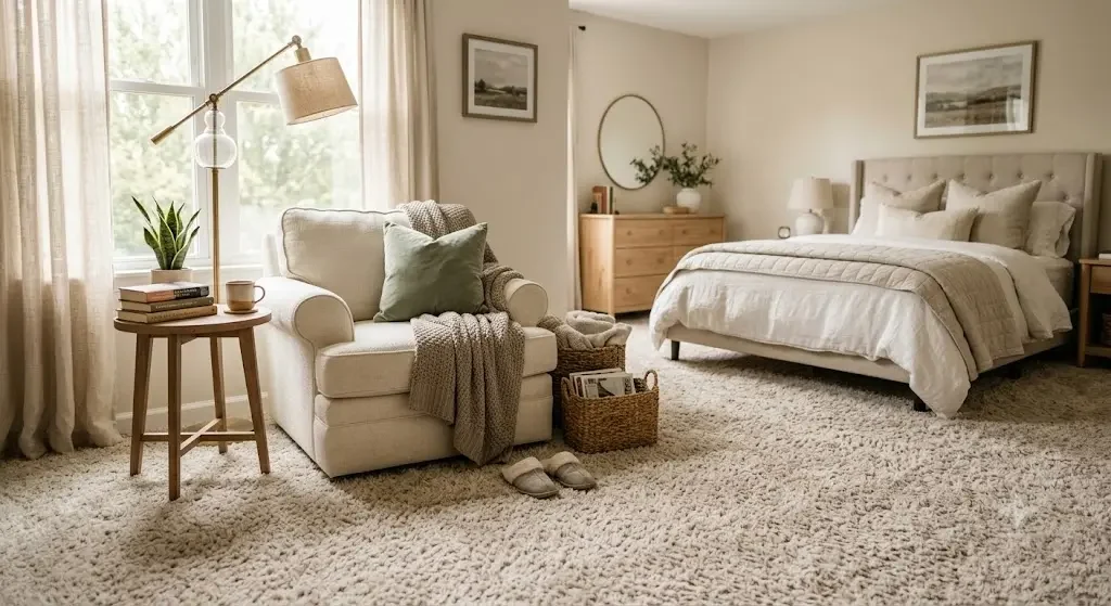 Cozy bedroom with plush neutral carpet and a reading nook