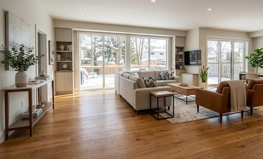 Airy open concept room with oak hardwood flooring