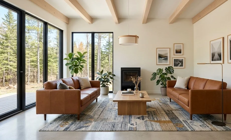 Modern Scandinavian living room with brown leather sofas, exposed wood ceiling beams, and a patterned geometric area rug.