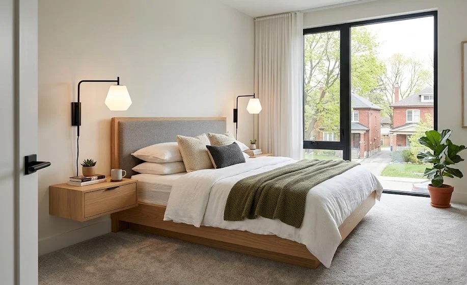 Modern bedroom featuring plush grey carpeting, a light wood bed frame with black wall sconces, and a large window.
