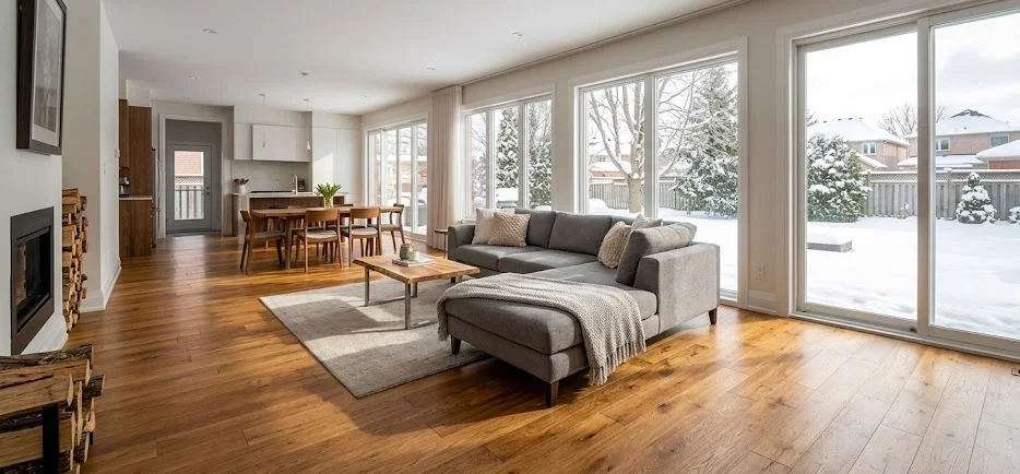 Warm engineered hardwood floors in a modern living room with a snowy winter view.
