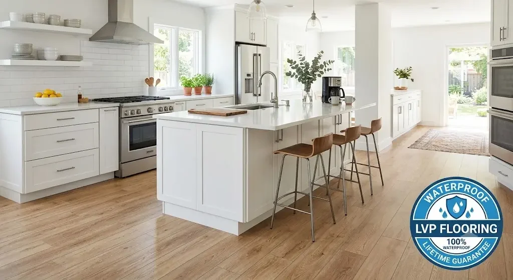 LVP flooring in a bright kitchen with an island