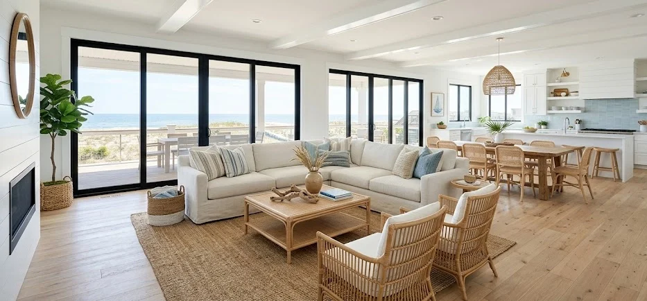 A bright beach house open-concept living area with hardwood floors, a kitchen, and ocean views.
