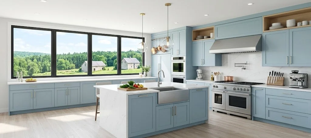 Modern kitchen featuring light blue cabinets, light wood laminate flooring, a large island, and scenic window views.