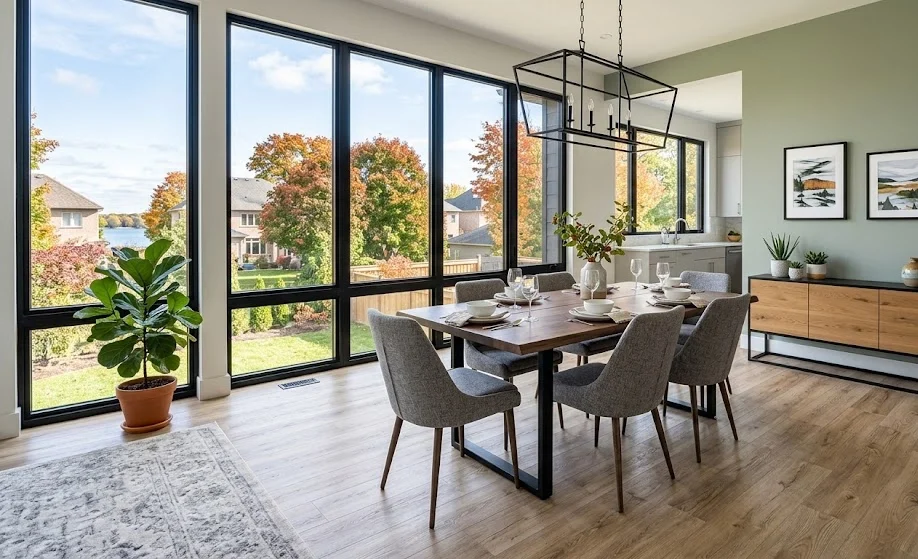 Bright dining room with luxury vinyl wood flooring, a wooden table with grey upholstered chairs, and floor-to-ceiling windows.