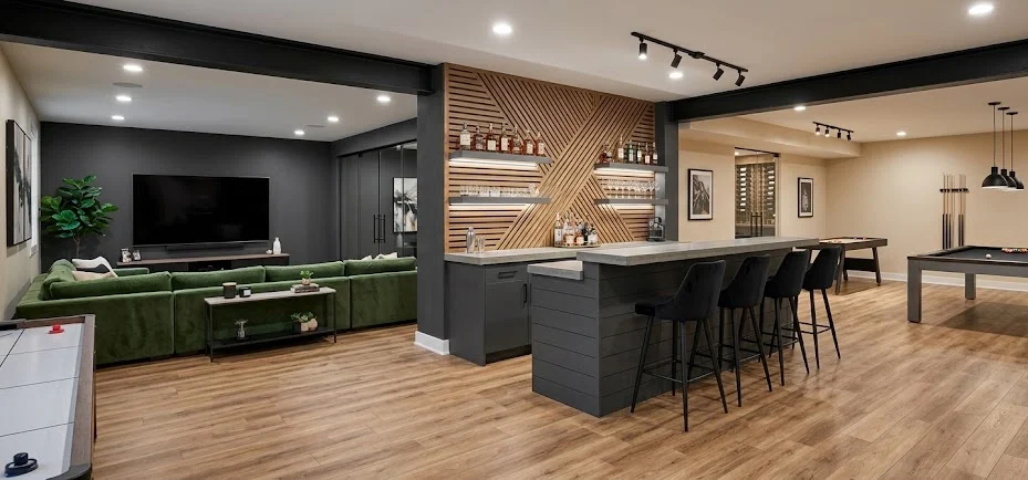A modern finished basement with LVT flooring, a stylish home bar, and a pool table.