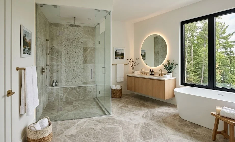 Spa-inspired bathroom with large marble floor tiles, a glass walk-in shower, and a freestanding soaking tub.
