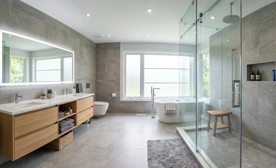 Modern bathroom with large-format porcelain tile and a glass shower