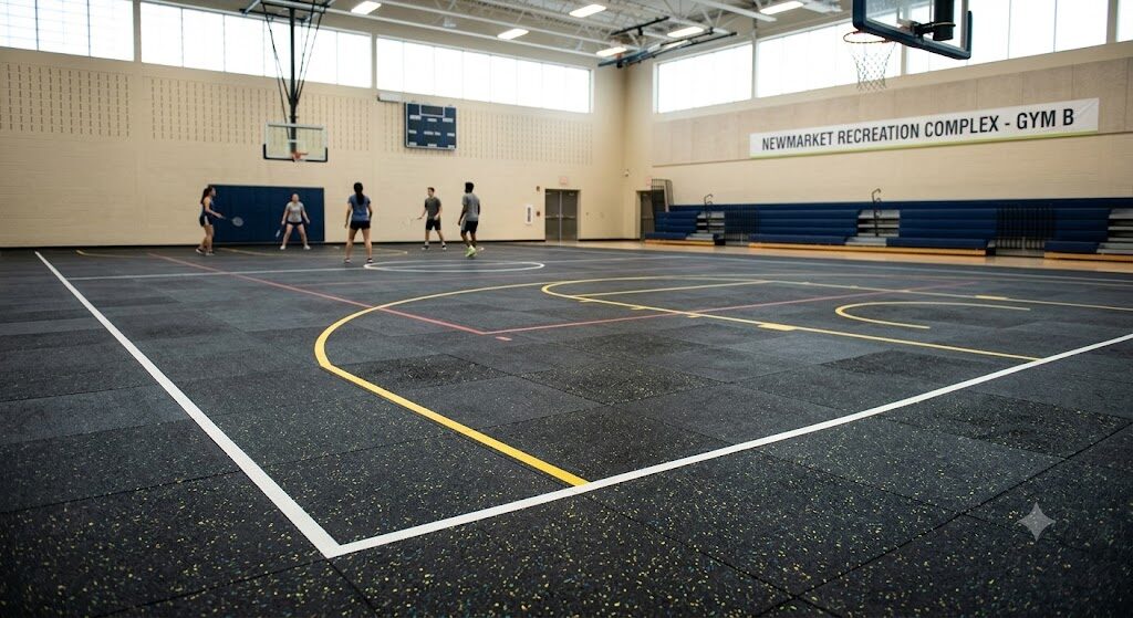 An indoor recreation gymnasium where people are playing on a marked court.