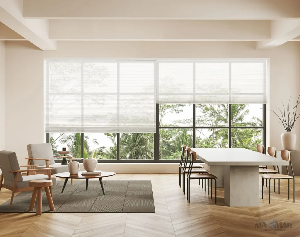 White cellular shades on floor-to-ceiling dining room windows.
