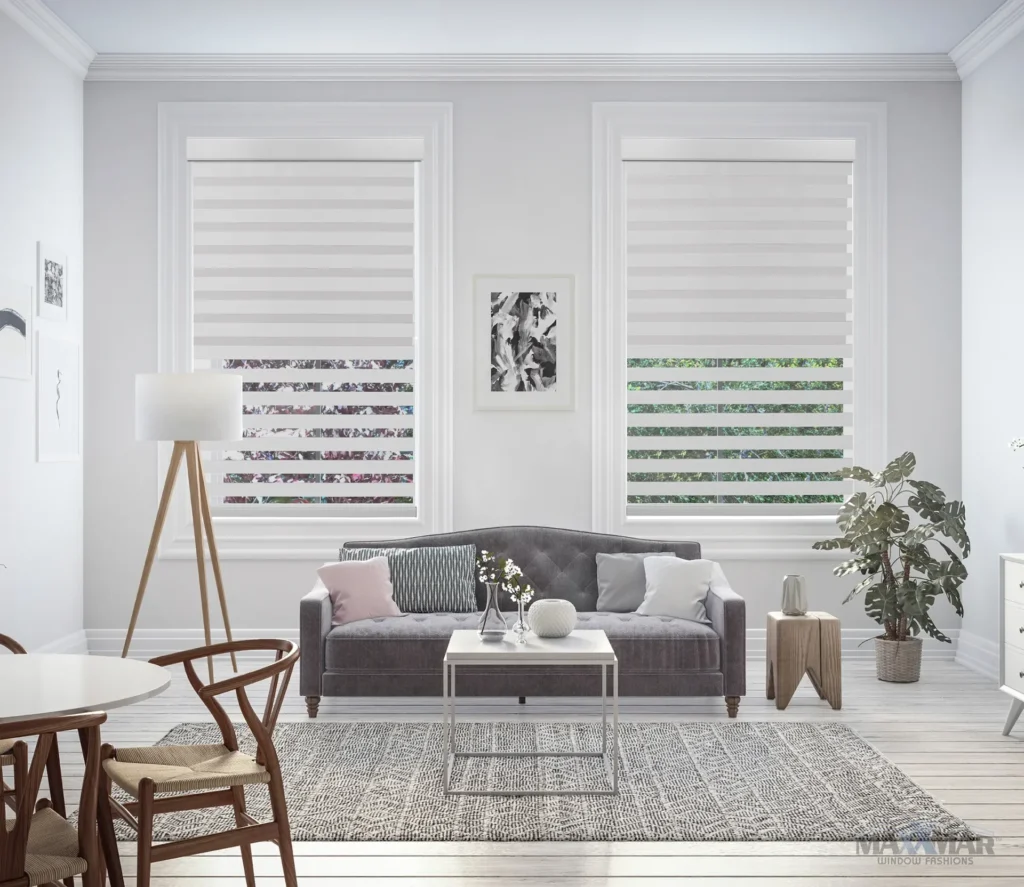 White dual shades on two living room windows.