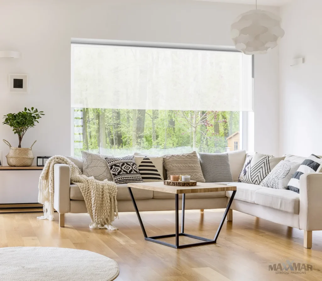 Semi-sheer white roller shade on a large living room window.