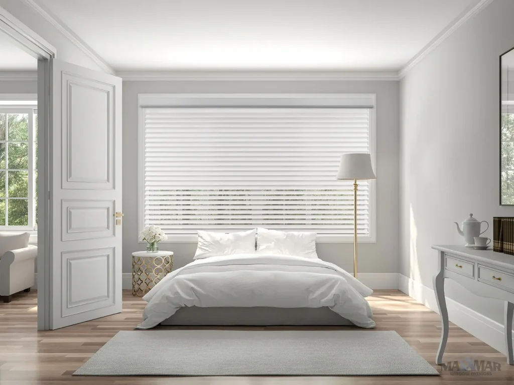 White horizontal sunset shade on a bedroom window.