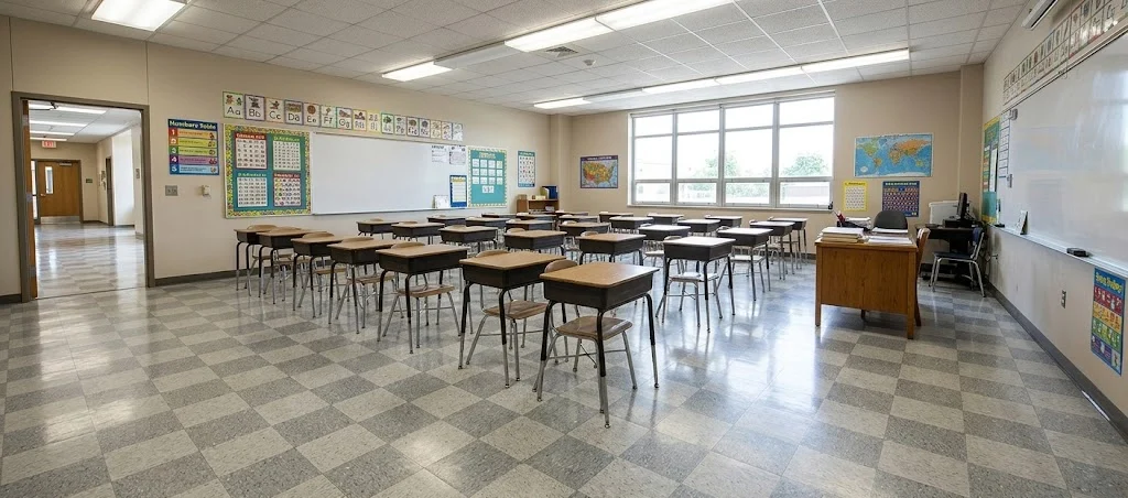 Checkered vinyl tile floor in a school classroom with student desks.