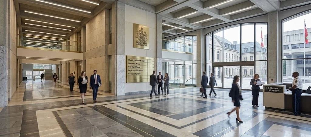 Large-format porcelain tile flooring in a government building lobby.
