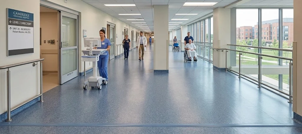 A bright, modern hospital corridor with medical staff and a patient in a wheelchair.