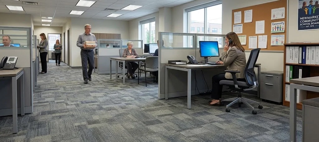 Patterned carpet tile flooring in an open-plan office.