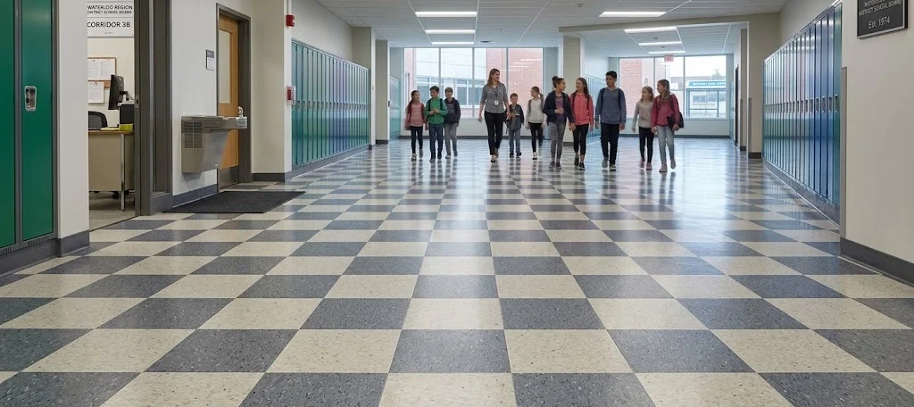 A school hallway lined with lockers, as a group of students and a teacher walk down the center.