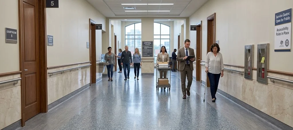 People walk down a courthouse hallway with courtroom signs.
