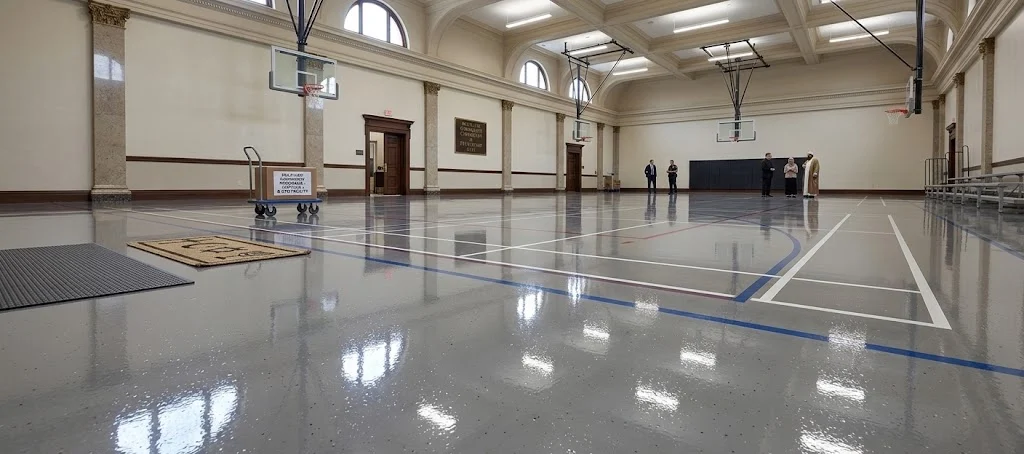 Shiny-floored multi-court gymnasium interior.