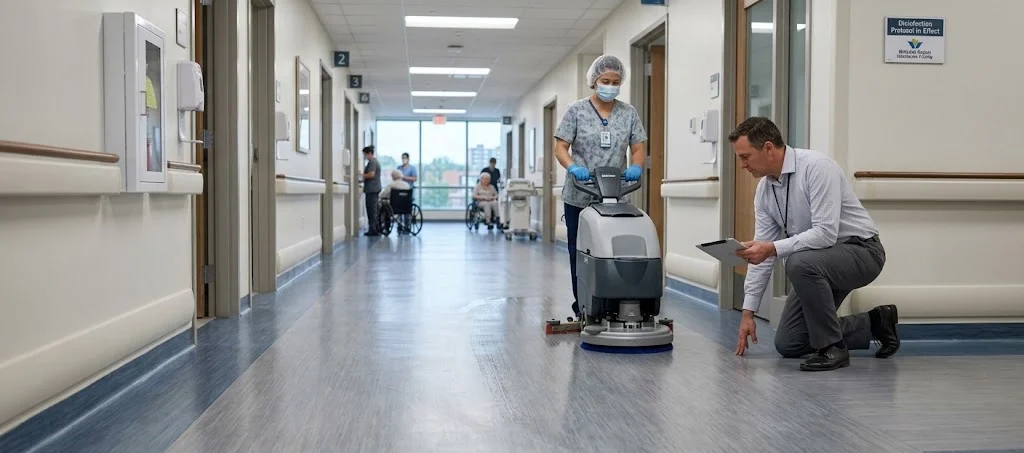 Facility inspector checking seamless vinyl flooring in a hospital hallway.