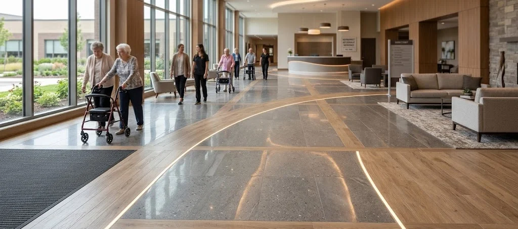 Elderly residents and staff walk in a modern senior residence lobby.