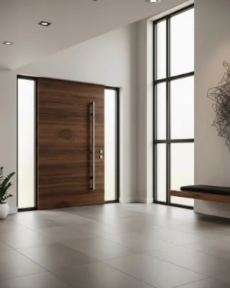 Modern entryway with a large dark wood front door, tall windows, and tiled flooring.