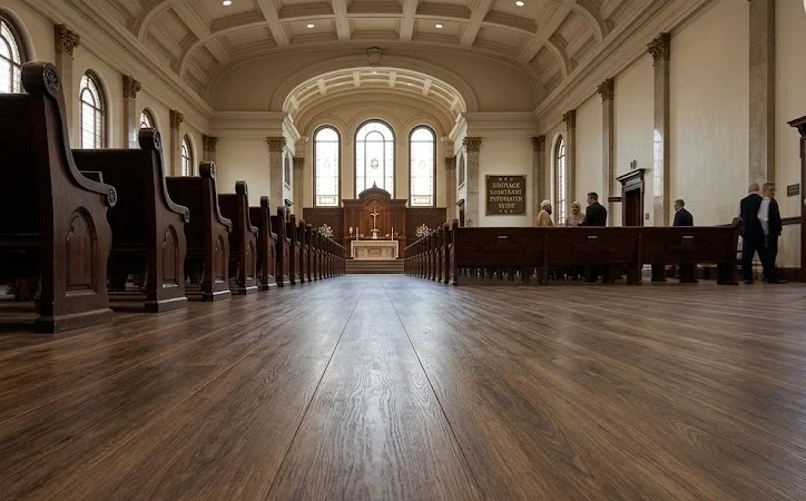Interior view of a church aisle leading to an altar.