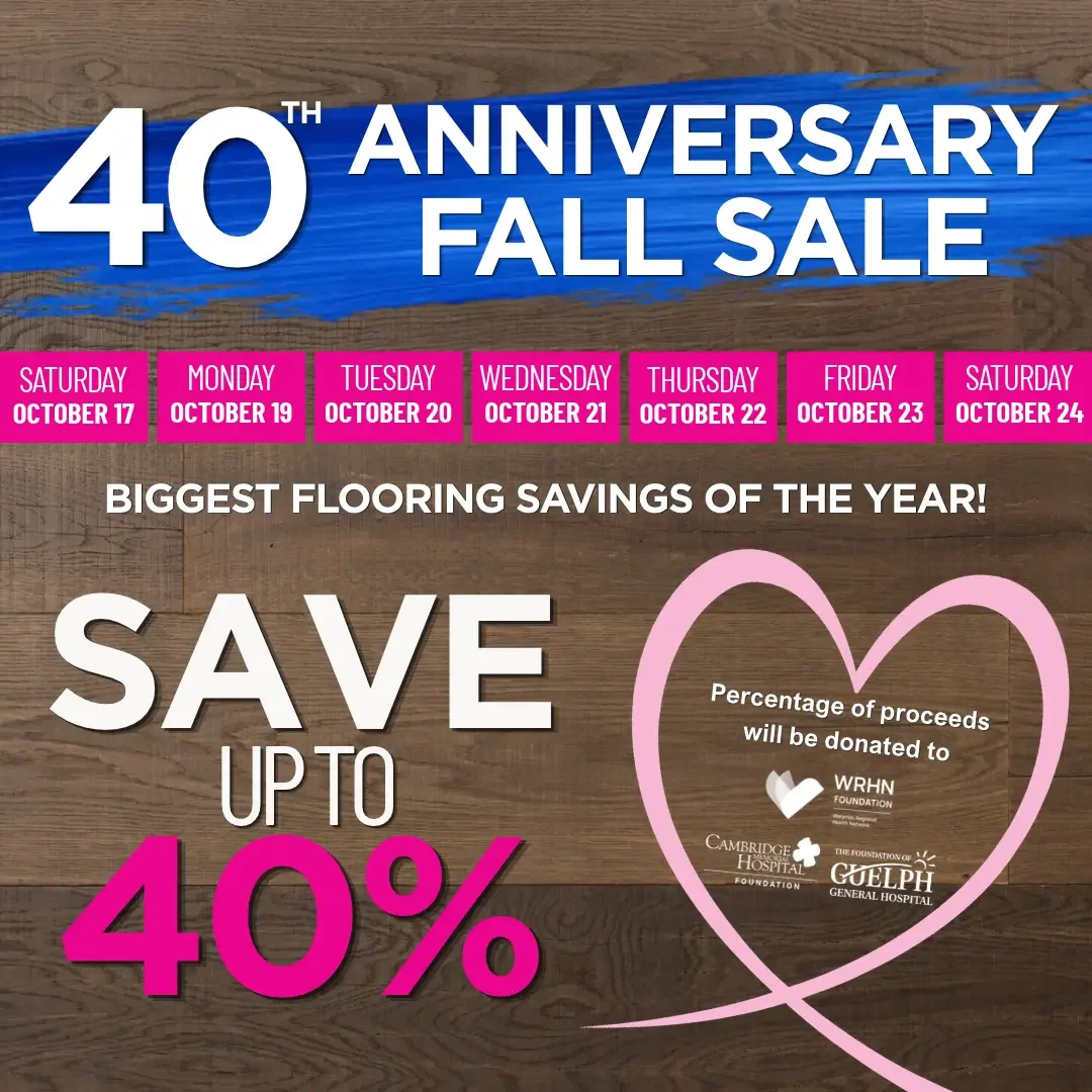 40th Anniversary Fall Sale promo banner offering up to 40% off flooring from October 17–24, with a percentage of proceeds donated to local hospital foundations.